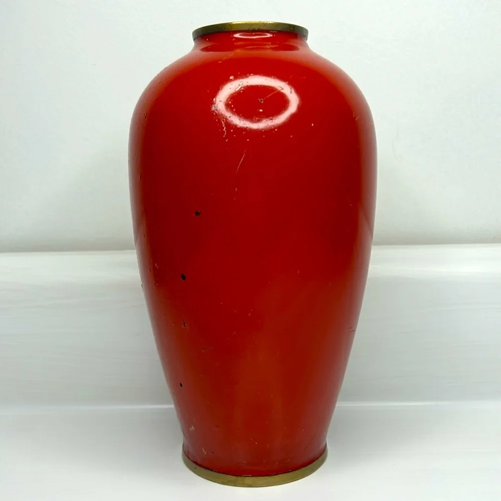 Vintage 🦤 Korean Red Lacquer Brass Vase Mother of Pearl Inlay Phoenix Bird - Picture 3 of 16